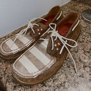 Women’s twisted X. Patriotic driving moc.